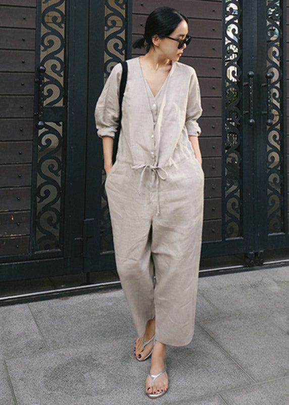 Grey V Neck Button Linen Jumpsuit Spring