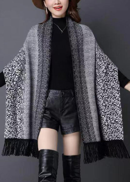Grey V Neck Tasseled Patchwork Knit Cardigans Fall