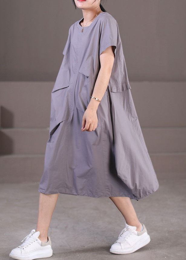 Grey Wrinkled Color Cotton Vacation Dresses Short Sleeve