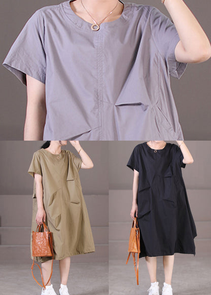 Grey Wrinkled Color Cotton Vacation Dresses Short Sleeve