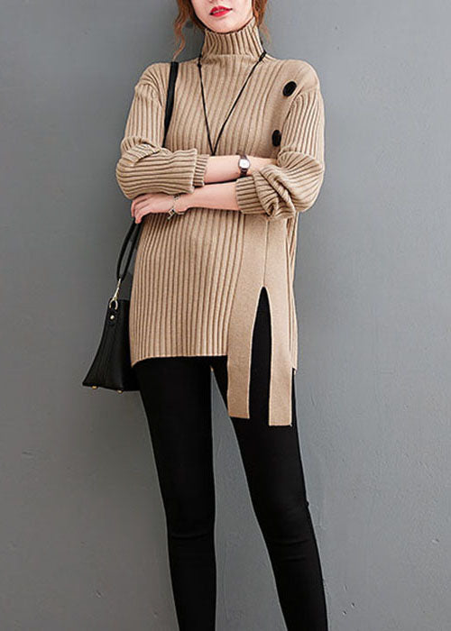 Khaki Button Knit Sweaters Turtle Neck Winter
