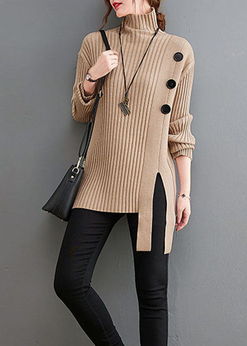 Khaki Button Knit Sweaters Turtle Neck Winter