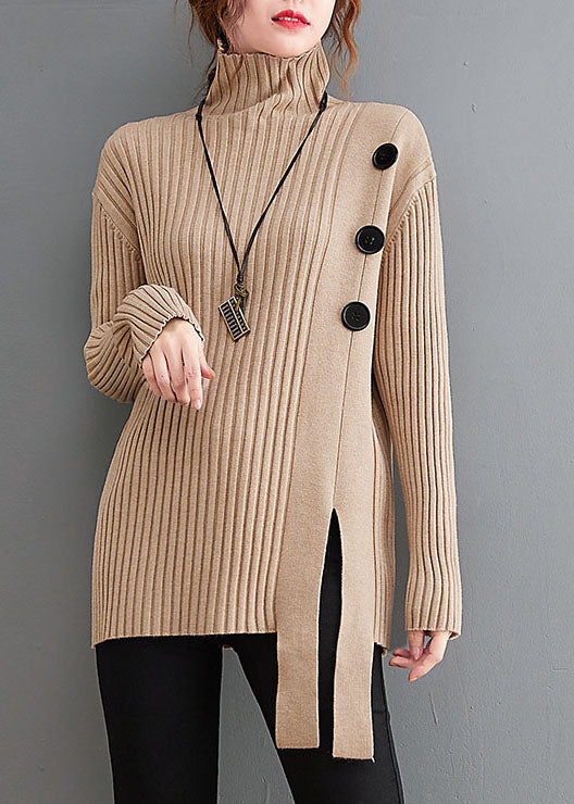 Khaki Button Knit Sweaters Turtle Neck Winter