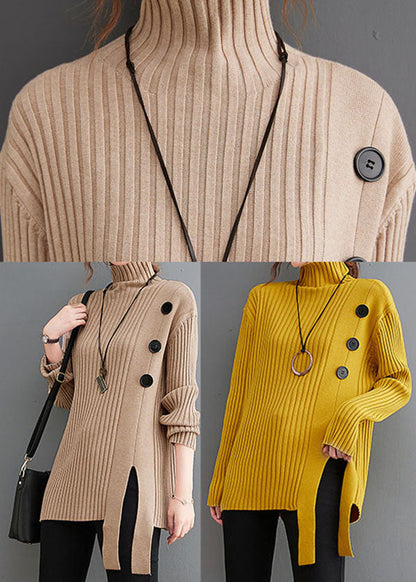 Khaki Button Knit Sweaters Turtle Neck Winter