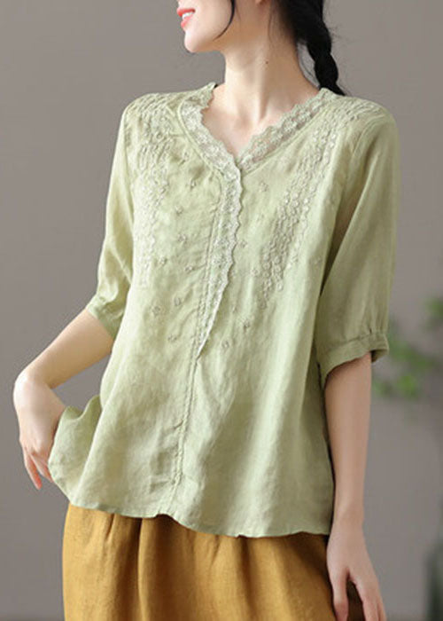 Khaki Embroideried Lace Patchwork Linen Shirt Half Sleeve