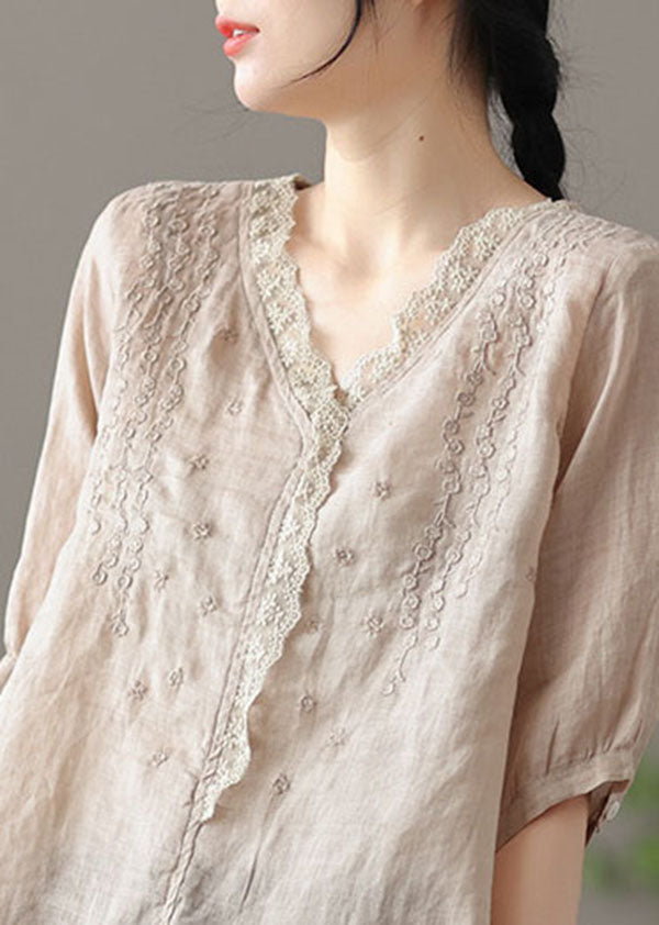 Khaki Embroideried Lace Patchwork Linen Shirt Half Sleeve
