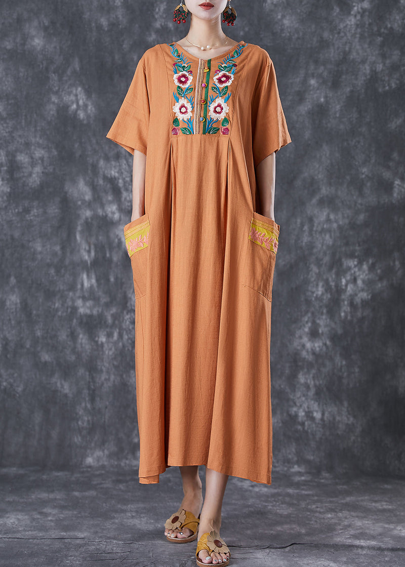 Khaki Embroidered Linen Maxi Dress Summer