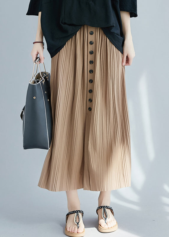 Khaki Exra Large Hem Side Open Cotton Pleated Skirts Summer