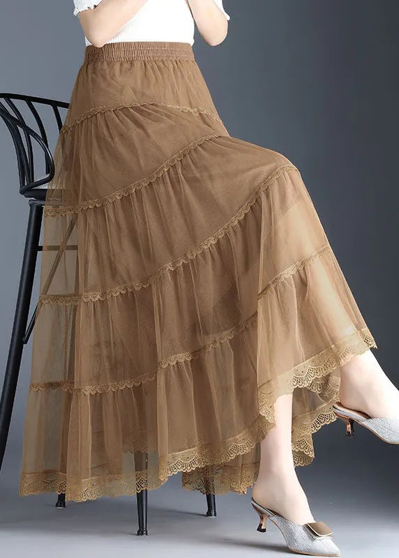 Khaki Lace Tiered Wrinkled Fall Skirt