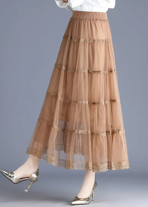 Khaki Lace Tiered Wrinkled Fall Skirt