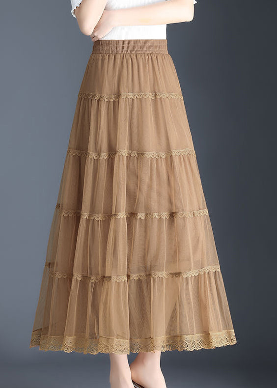 Khaki Lace Tiered Wrinkled Fall Skirt
