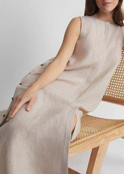 Khaki O-neck Low High Design Robe Dresses Sleeveless