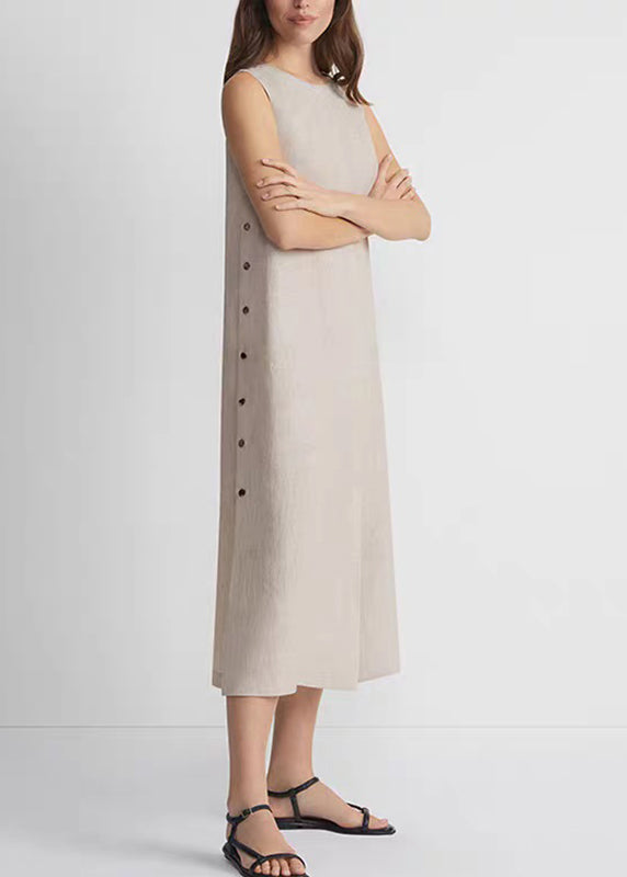 Khaki O-neck Low High Design Robe Dresses Sleeveless