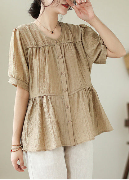 Khaki O-neck Patchwork Wrinkled Cotton Shirt Summer