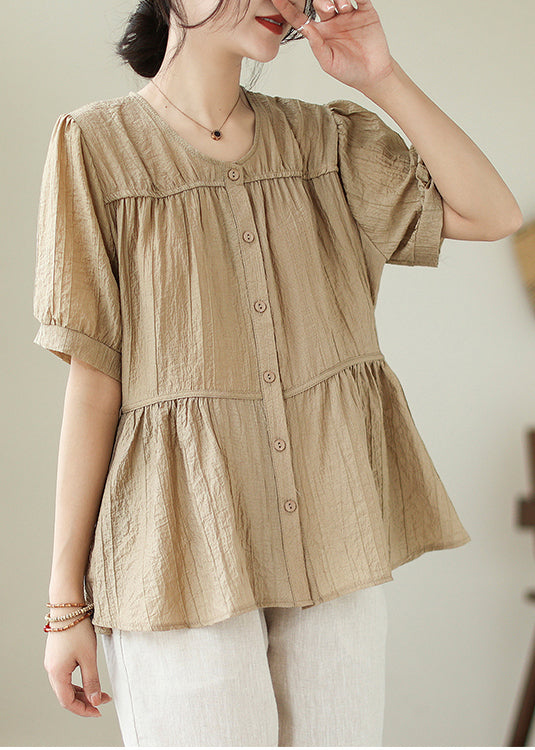 Khaki O-neck Patchwork Wrinkled Cotton Shirt Summer