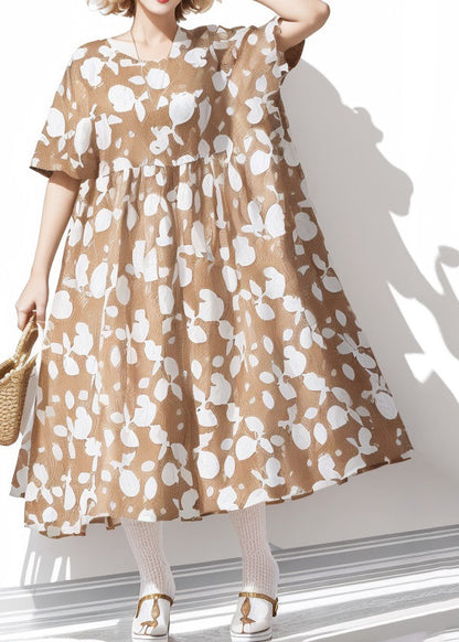 Khaki O Neck Print Cotton Dresses Summer