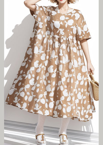 Khaki O Neck Print Cotton Dresses Summer