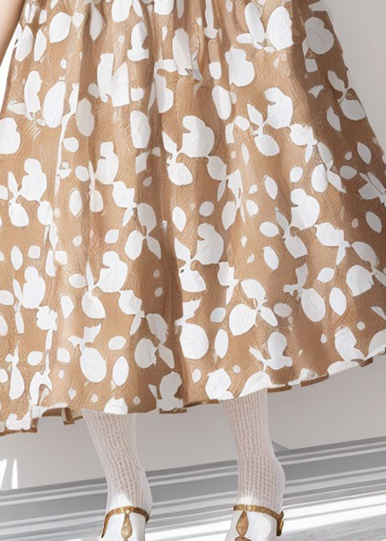 Khaki O Neck Print Cotton Dresses Summer