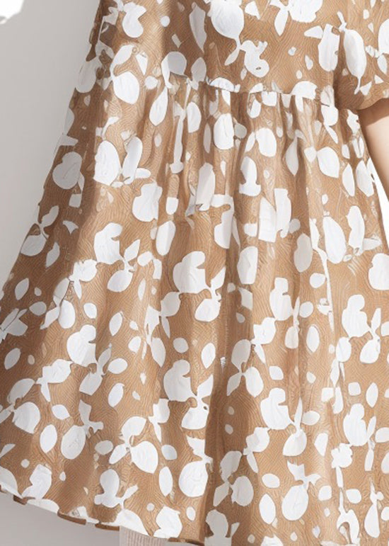 Khaki O Neck Print Cotton Dresses Summer