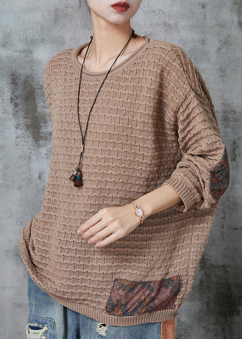 Khaki Oversized Patchwork Knit Tops Spring