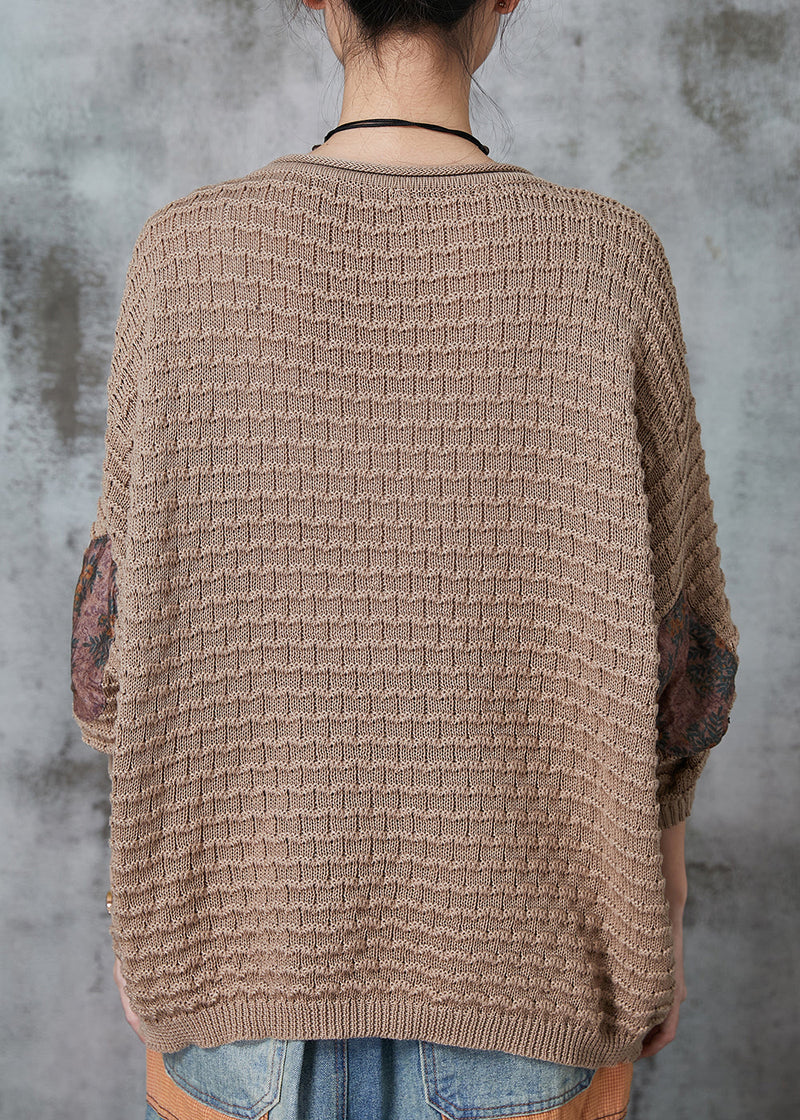 Khaki Oversized Patchwork Knit Tops Spring