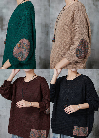 Khaki Oversized Patchwork Knit Tops Spring