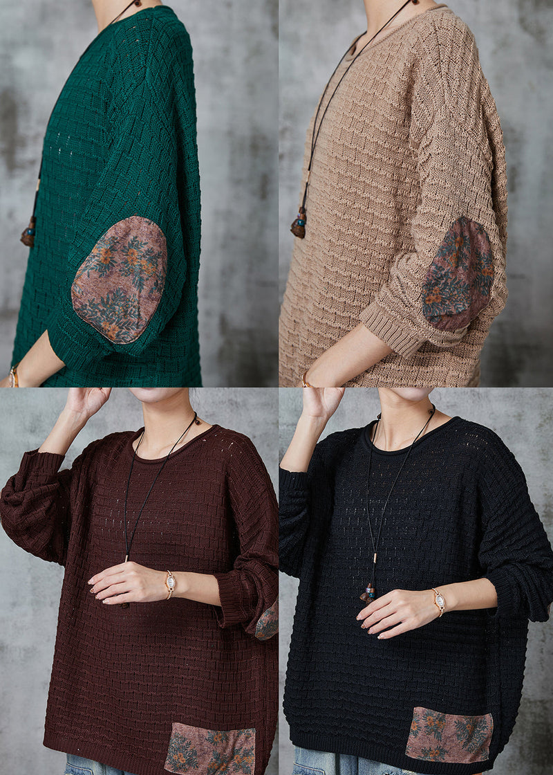 Khaki Oversized Patchwork Knit Tops Spring