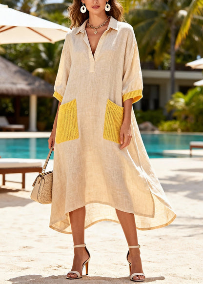 Khaki Oversized Patchwork Pockets Linen Dress Summer