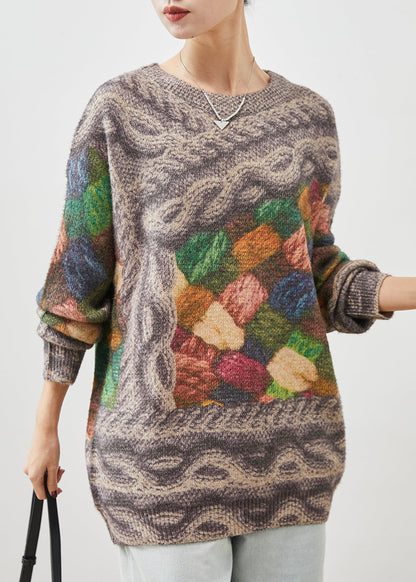 Khaki Oversized Thick Print Knit Pullover Spring