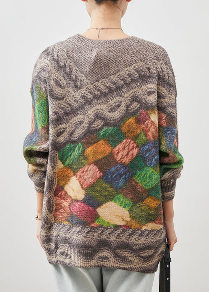 Khaki Oversized Thick Print Knit Pullover Spring