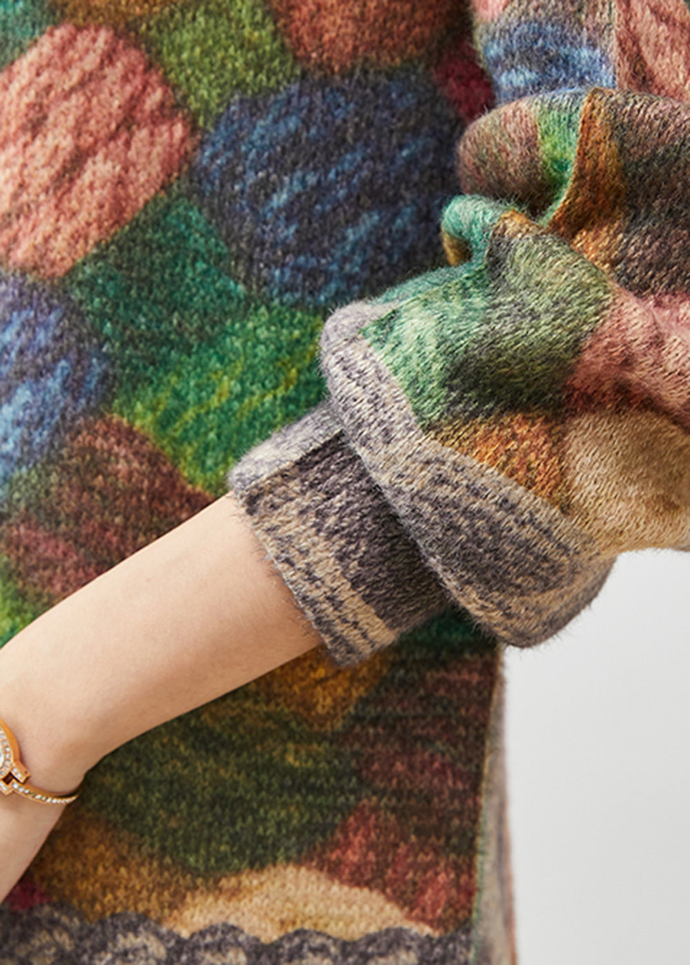 Khaki Oversized Thick Print Knit Pullover Spring