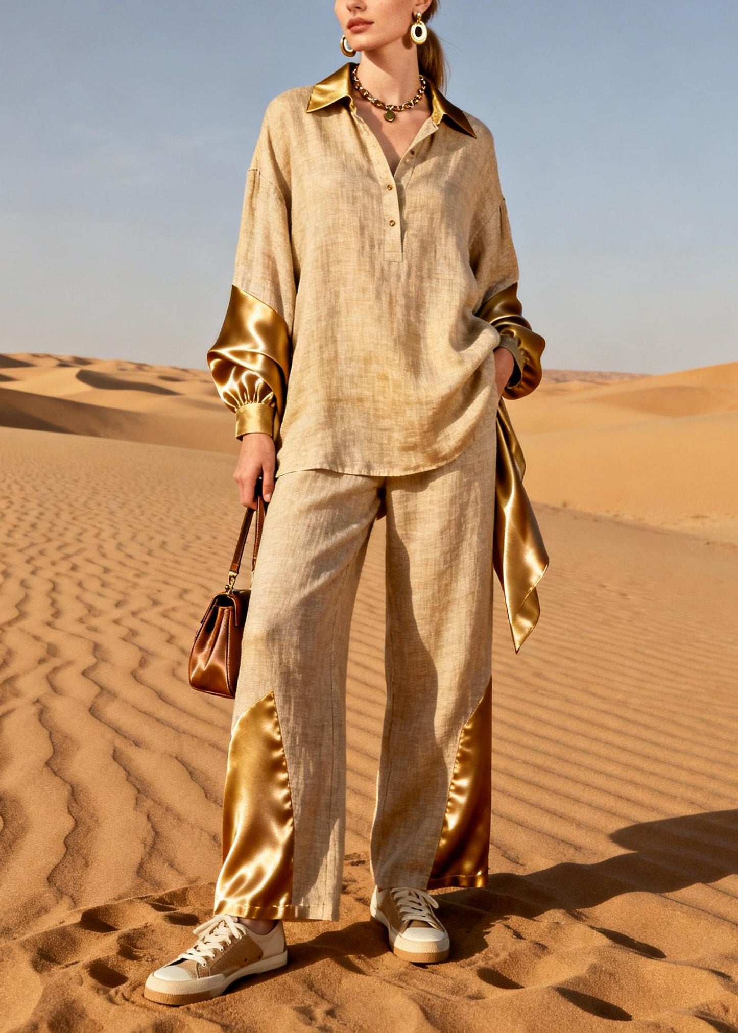 Khaki Peter Pan Collar Patchwork Linen Two Piece Set Spring