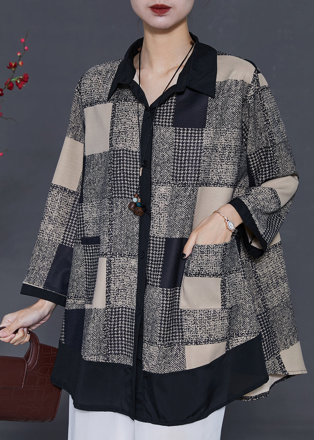 Khaki Plaid Patchwork Chiffon Shirts Spring