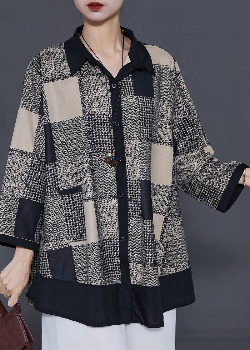 Khaki Plaid Patchwork Chiffon Shirts Spring