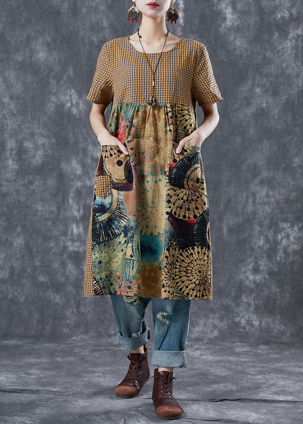 Khaki Plaid Patchwork Print Linen Vacation Dresses Summer