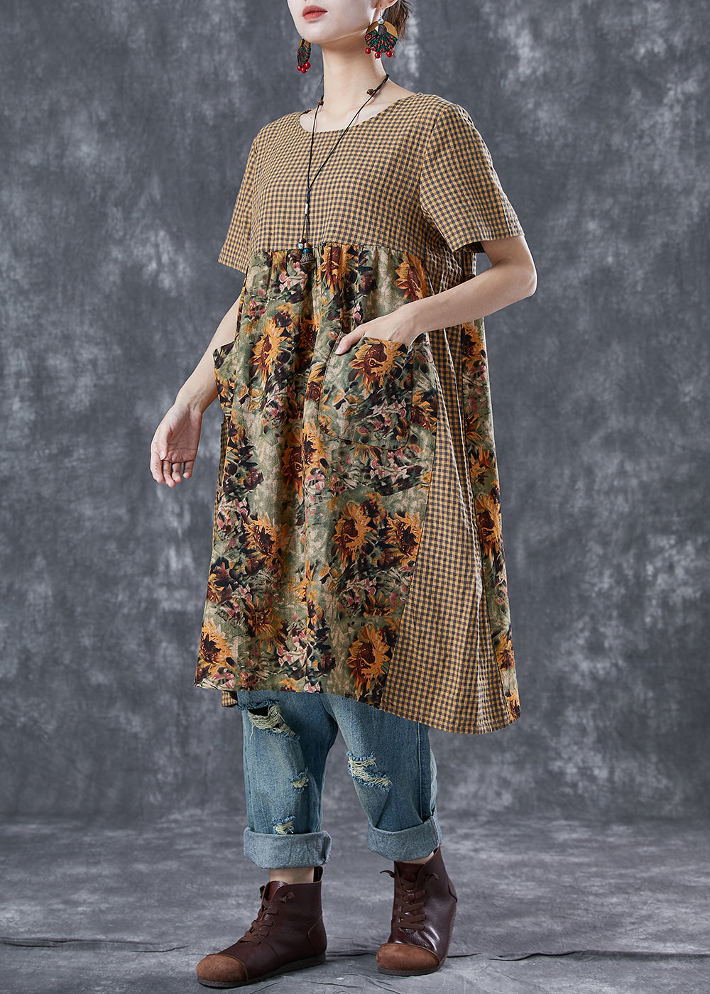 Khaki Plaid Patchwork Print Linen Vacation Dresses Summer
