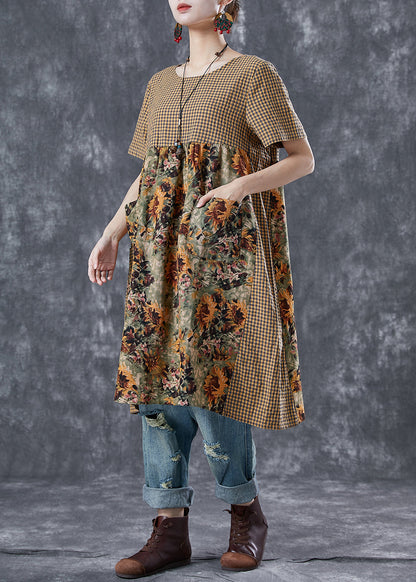 Khaki Plaid Patchwork Print Linen Vacation Dresses Summer