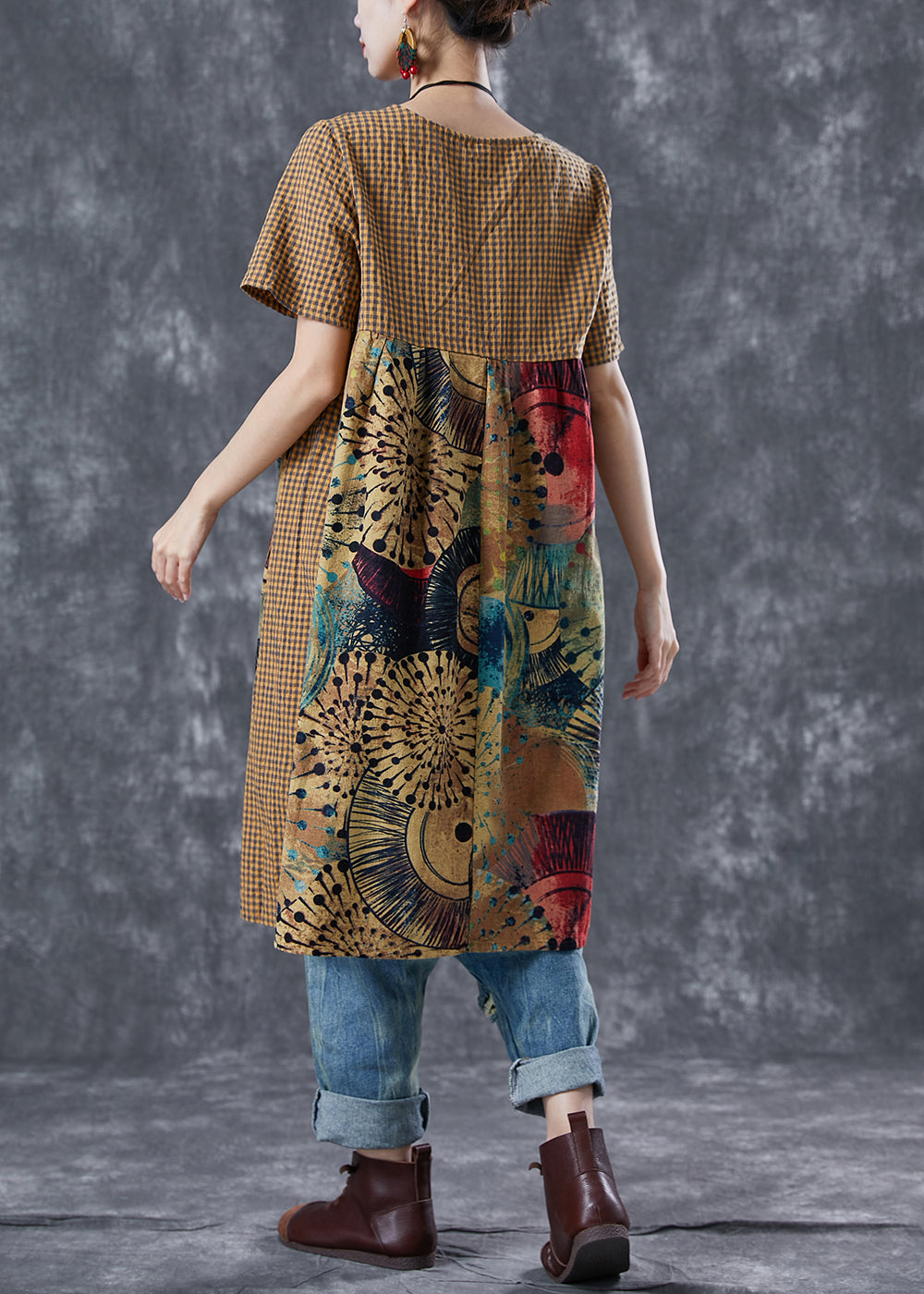 Khaki Plaid Patchwork Print Linen Vacation Dresses Summer