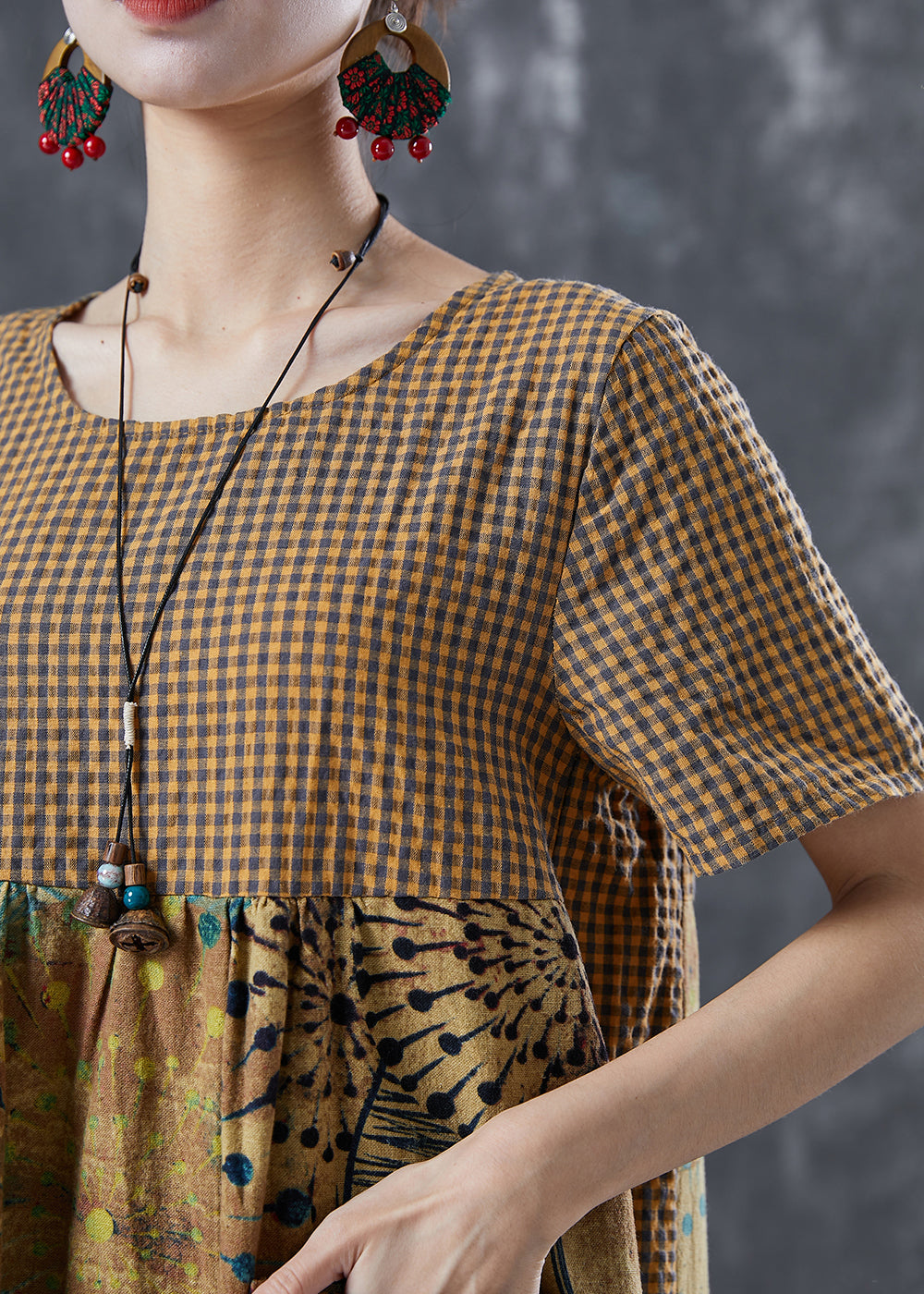 Khaki Plaid Patchwork Print Linen Vacation Dresses Summer