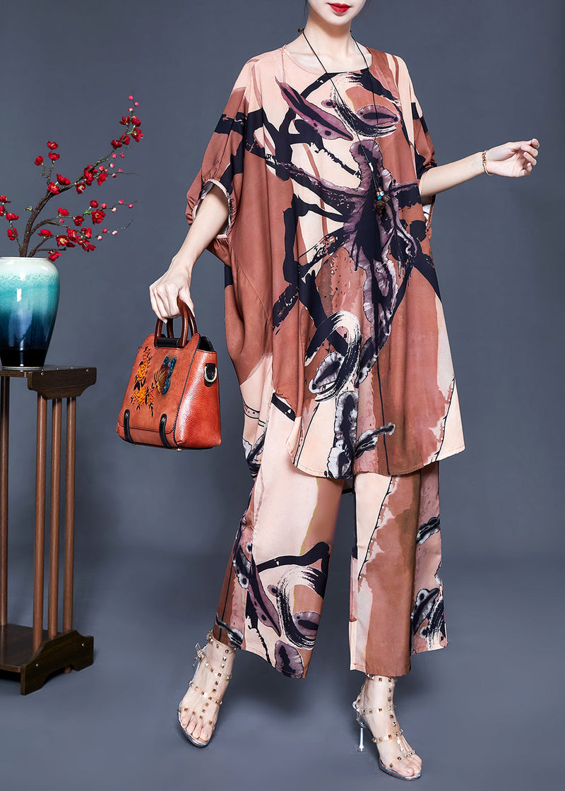 Khaki Print Oversized Side Open Silk Two Pieces Set Batwing Sleeve