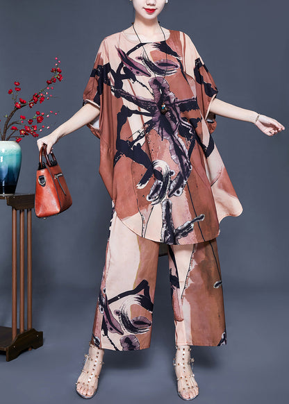 Khaki Print Oversized Side Open Silk Two Pieces Set Batwing Sleeve