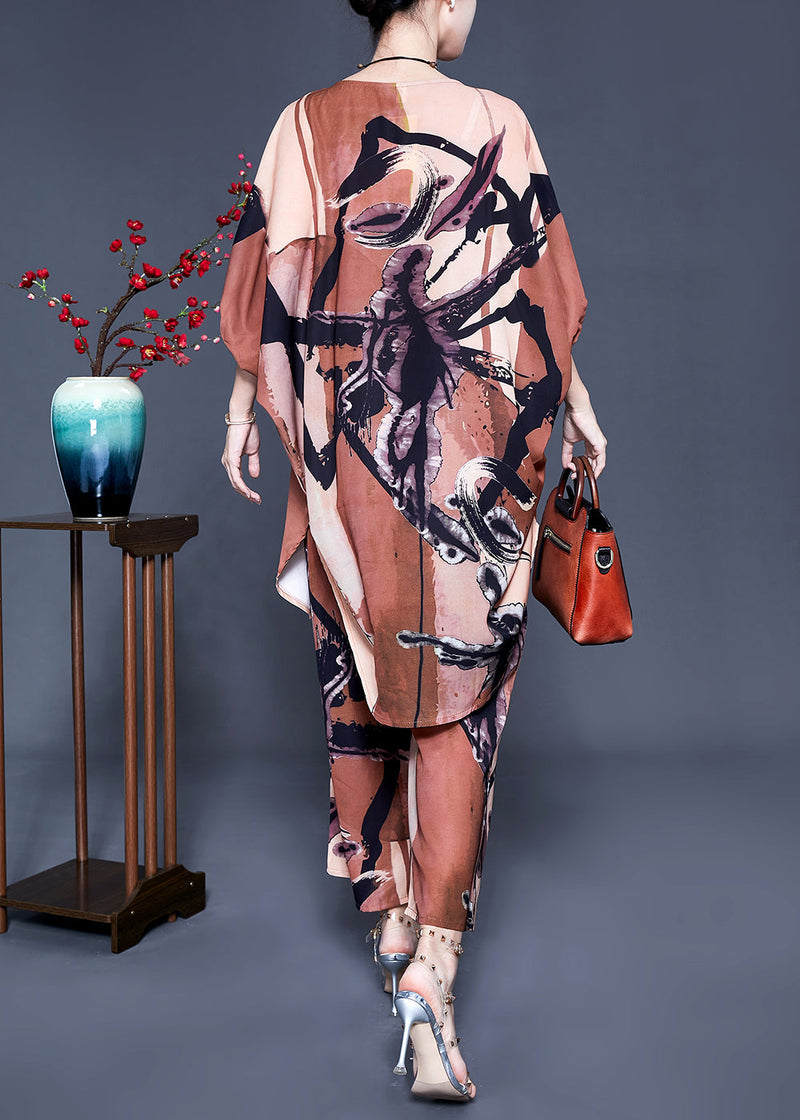 Khaki Print Oversized Side Open Silk Two Pieces Set Batwing Sleeve