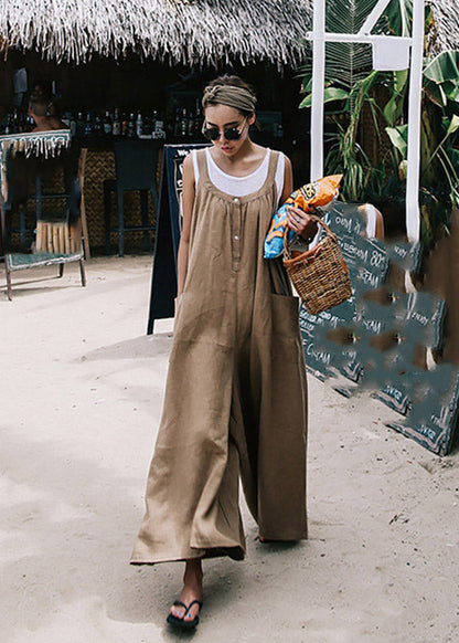 Khaki Spaghetti Strap Pockets Jumpsuit Pants Summer