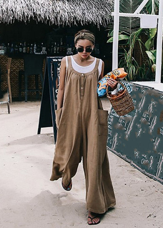 Khaki Spaghetti Strap Pockets Jumpsuit Pants Summer
