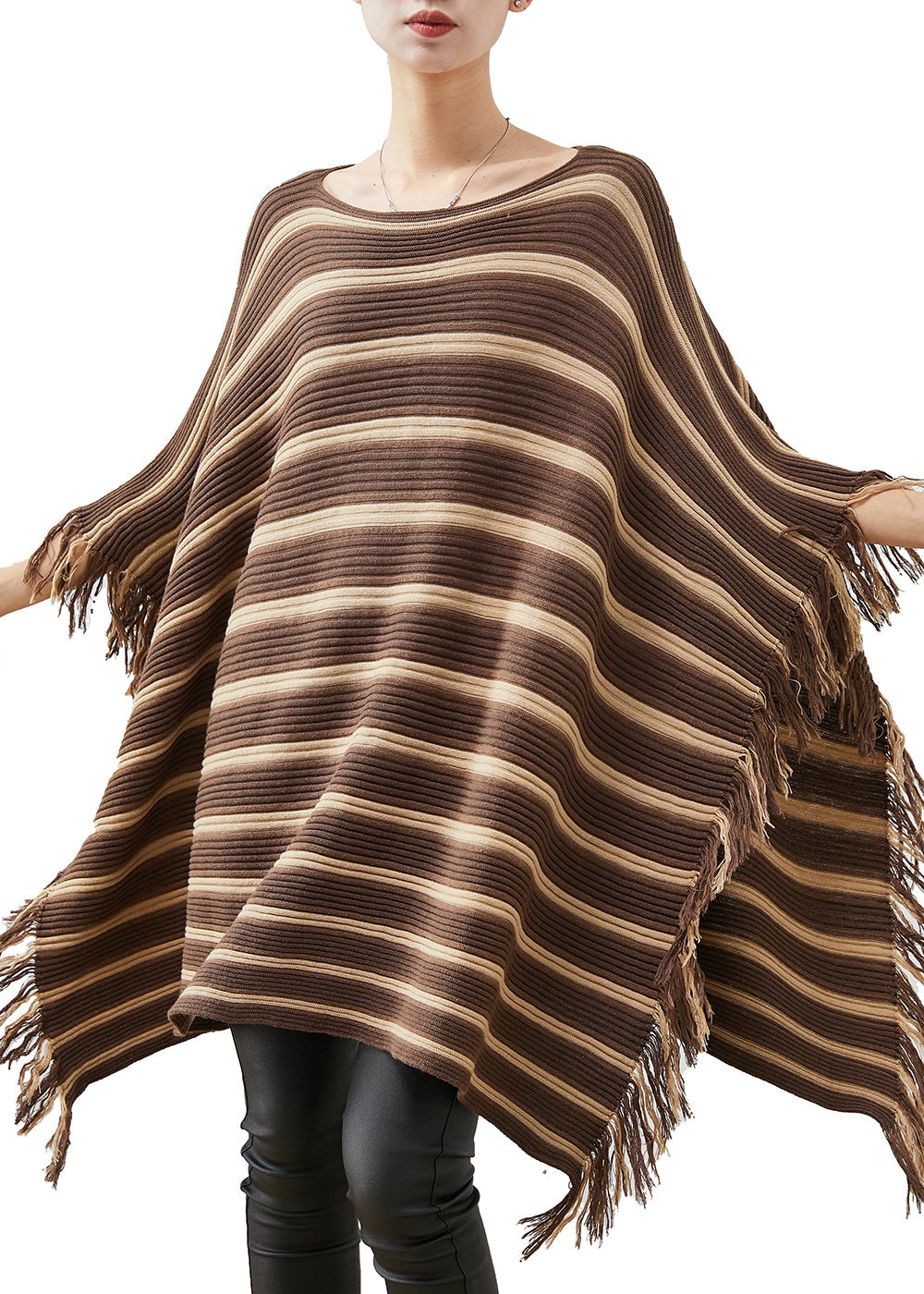 Khaki Striped Tasseled Knit Mini Dresses Spring