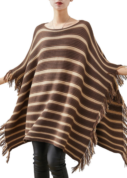 Khaki Striped Tasseled Knit Mini Dresses Spring