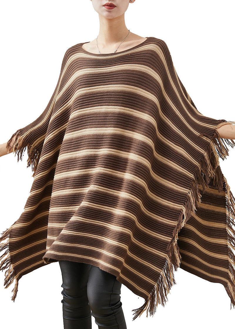 Khaki Striped Tasseled Knit Mini Dresses Spring