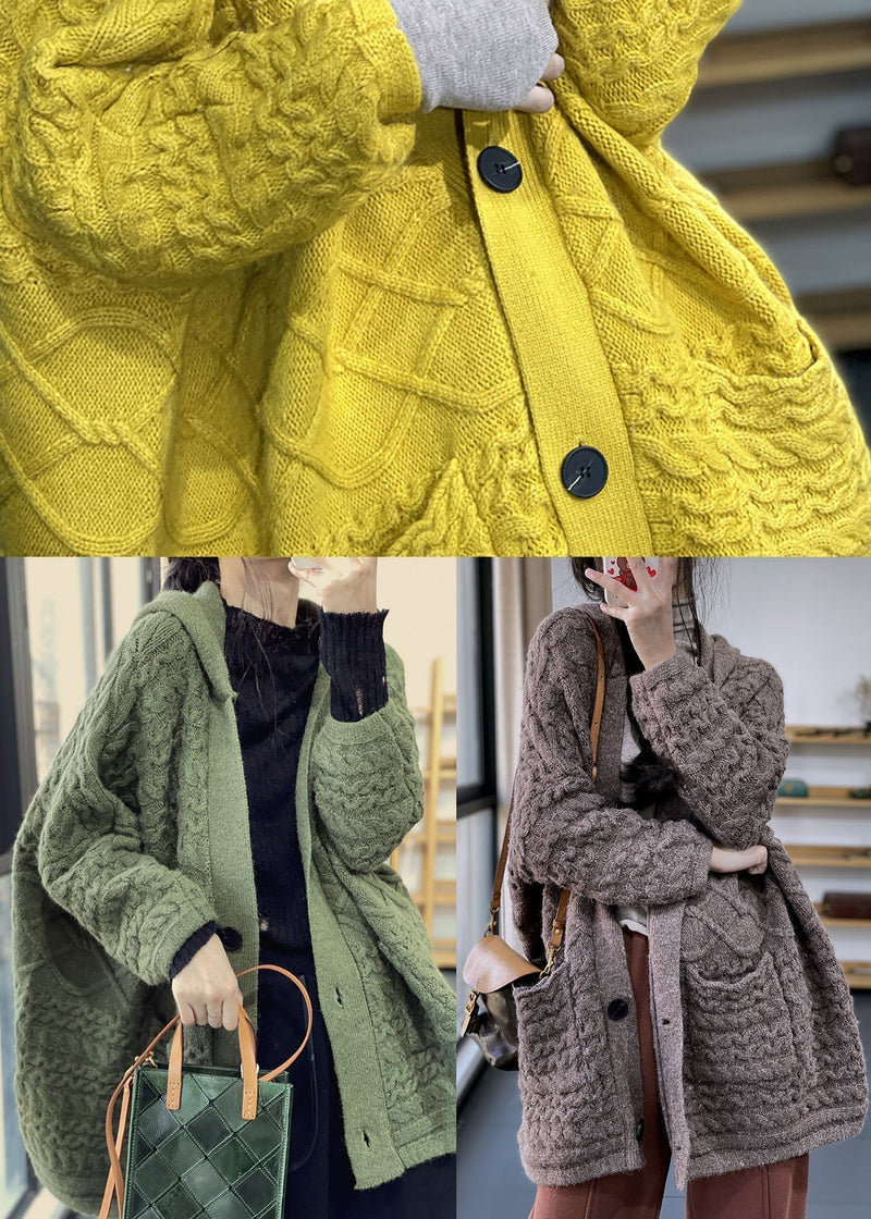 Khaki V Neck Cable Rabbit Hair Knit Loose Cardigans Winter