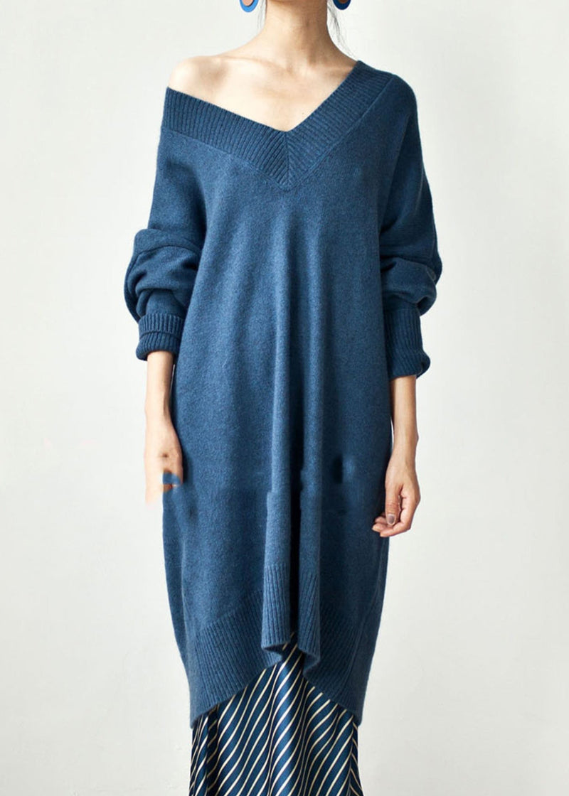 Khaki V Neck Oversized Knit Sweater Dress Spring