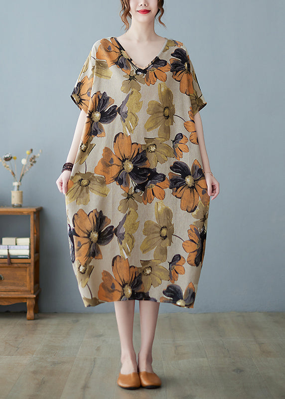 Purple Flowers V Neck Print Long Dress Short Sleeve
